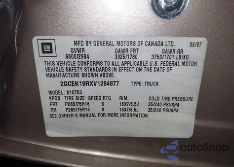 1997 Chevrolet K1500 Sportside из США, поврежденный, VIN 2GCEK19RXV1264877